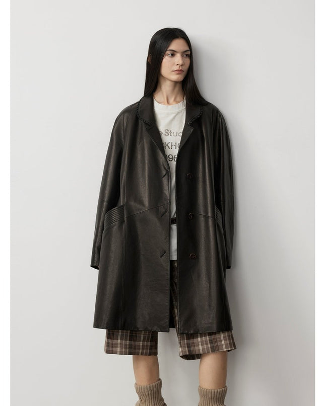 Sonorous Rose vintage imported oil waxed goatskin long trench coat - Leather - Firelady Sheepskin