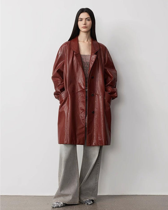 Sonorous Rose vintage imported oil waxed goatskin long trench coat - Leather - Firelady Sheepskin