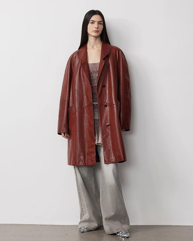 Sonorous Rose vintage imported oil waxed goatskin long trench coat - Leather - Firelady Sheepskin