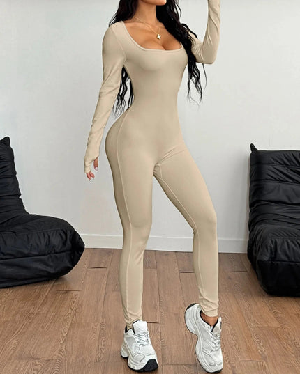 Square Neck Long Sleeve Active Jumpsuit - Trendsi