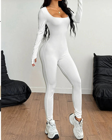 Square Neck Long Sleeve Active Jumpsuit - Trendsi