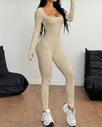 Square Neck Long Sleeve Active Jumpsuit - Trendsi