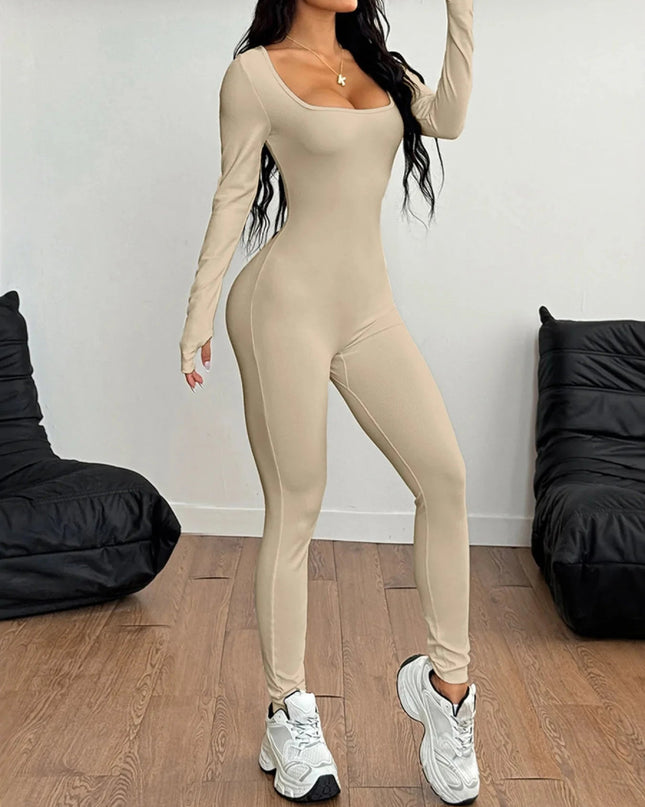 Square Neck Long Sleeve Active Jumpsuit - Trendsi