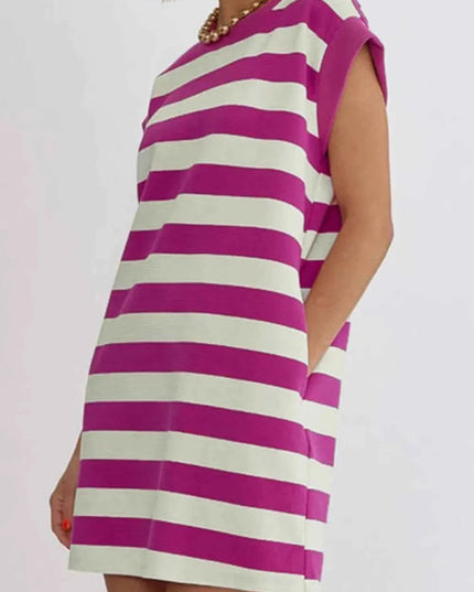 Stripe Cap Sleeve Pocketed Shift Tee Dress - Trendsi