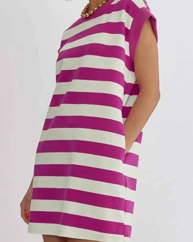 Stripe Cap Sleeve Pocketed Shift Tee Dress - Trendsi