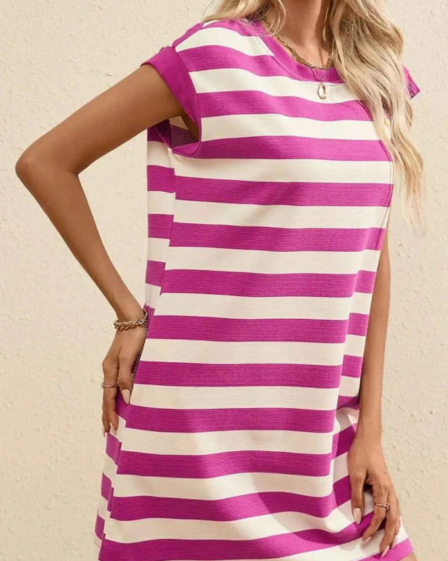 Stripe Cap Sleeve Pocketed Shift Tee Dress - Trendsi