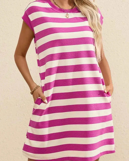 Stripe Cap Sleeve Pocketed Shift Tee Dress - Trendsi