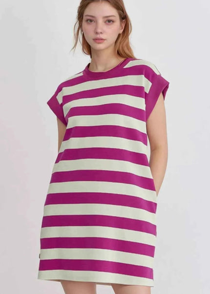 Stripe Cap Sleeve Pocketed Shift Tee Dress - Trendsi