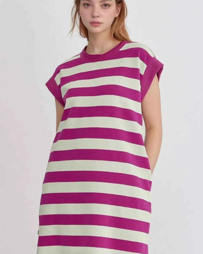 Stripe Cap Sleeve Pocketed Shift Tee Dress - Trendsi