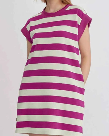 Stripe Cap Sleeve Pocketed Shift Tee Dress - Trendsi