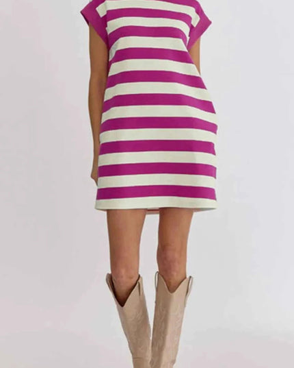 Stripe Cap Sleeve Pocketed Shift Tee Dress - Trendsi