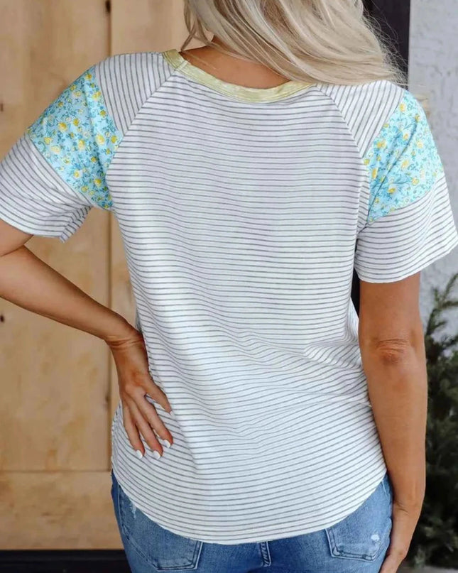 Stripe Floral Insert Sleeves Contrast Round Neck Tee - Trendsi