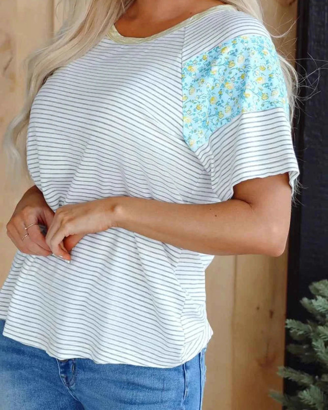 Stripe Floral Insert Sleeves Contrast Round Neck Tee - Trendsi