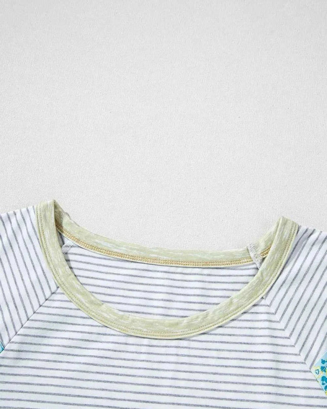 Stripe Floral Insert Sleeves Contrast Round Neck Tee - Trendsi