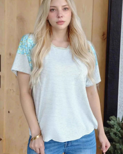 Stripe Floral Insert Sleeves Contrast Round Neck Tee - Trendsi