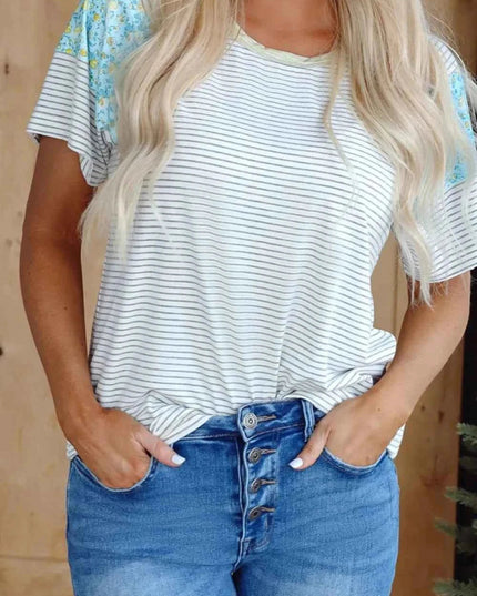 Stripe Floral Insert Sleeves Contrast Round Neck Tee - Trendsi