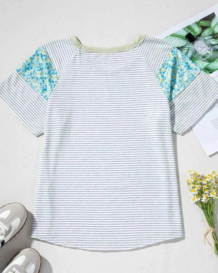 Stripe Floral Insert Sleeves Contrast Round Neck Tee - Trendsi