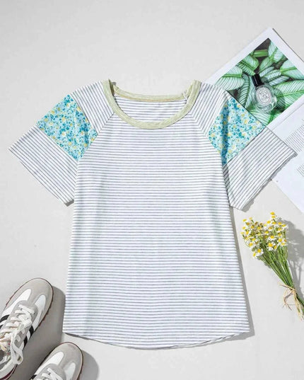 Stripe Floral Insert Sleeves Contrast Round Neck Tee - Trendsi
