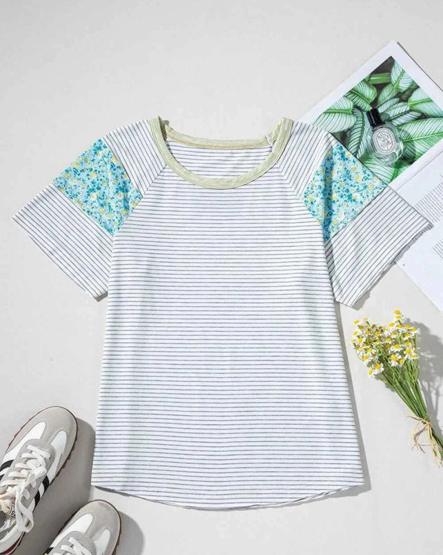 Stripe Floral Insert Sleeves Contrast Round Neck Tee - Trendsi