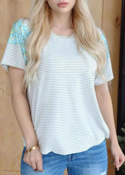Stripe Floral Insert Sleeves Contrast Round Neck Tee - Trendsi