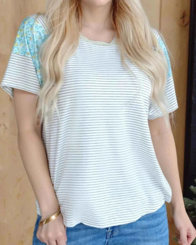 Stripe Floral Insert Sleeves Contrast Round Neck Tee - Trendsi
