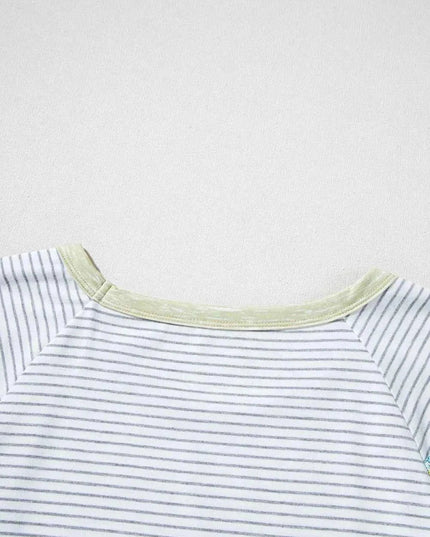 Stripe Floral Insert Sleeves Contrast Round Neck Tee - Trendsi