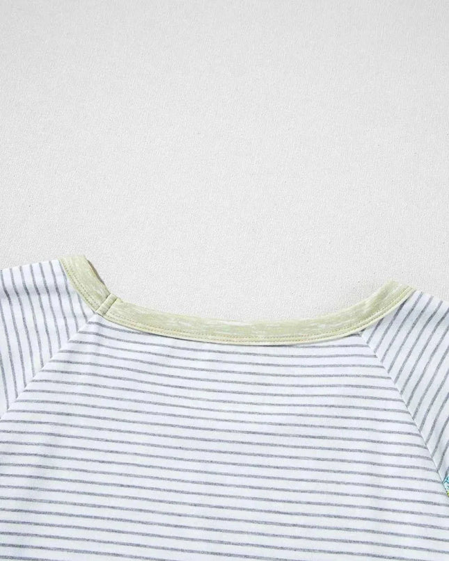 Stripe Floral Insert Sleeves Contrast Round Neck Tee - Trendsi