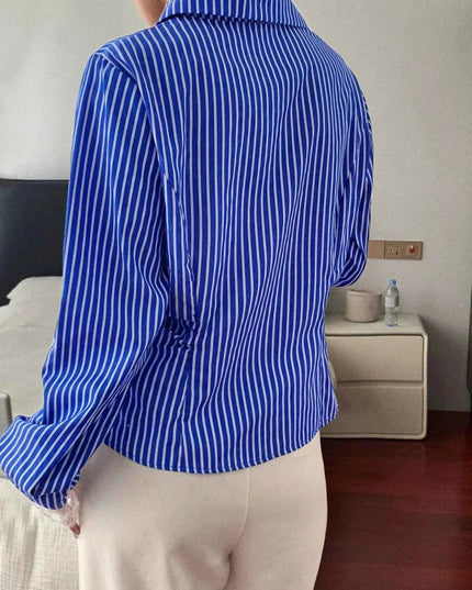 Striped Button - Down Shirt with Lace Detail - Trendsi