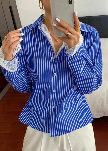 Striped Button - Down Shirt with Lace Detail - Trendsi