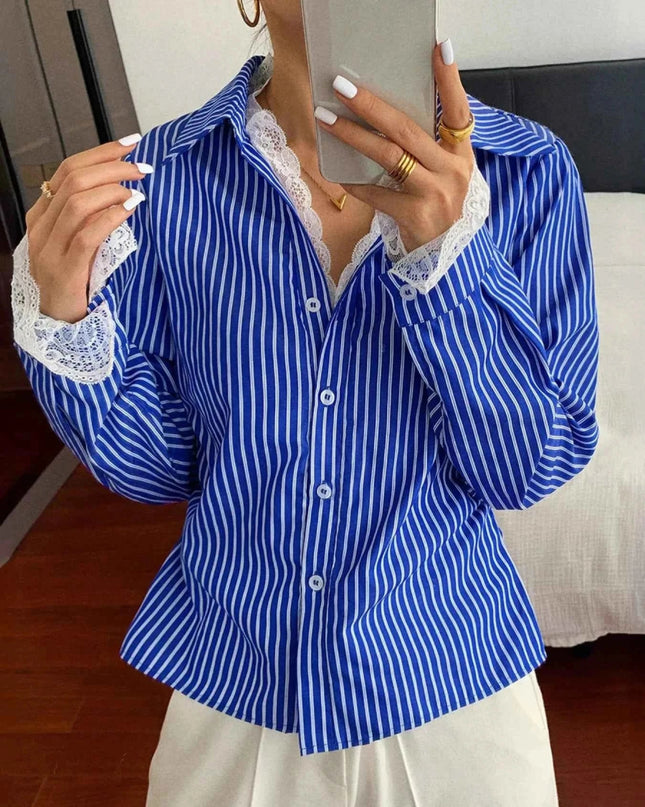 Striped Button - Down Shirt with Lace Detail - Trendsi