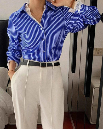 Striped Button - Down Shirt with Lace Detail - Trendsi