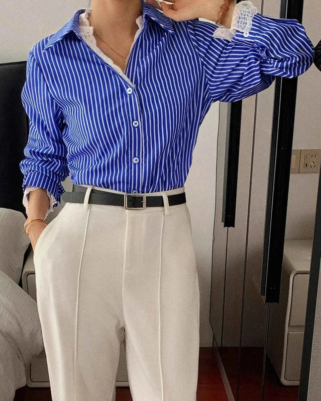 Striped Button - Down Shirt with Lace Detail - Trendsi