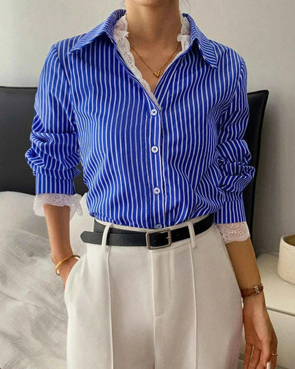 Striped Button - Down Shirt with Lace Detail - Trendsi