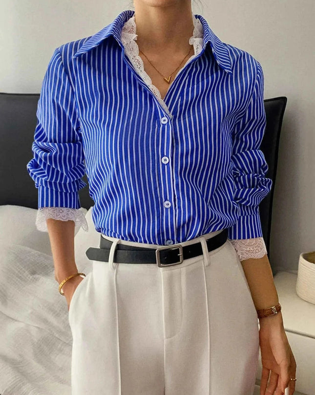Striped Button - Down Shirt with Lace Detail - Trendsi