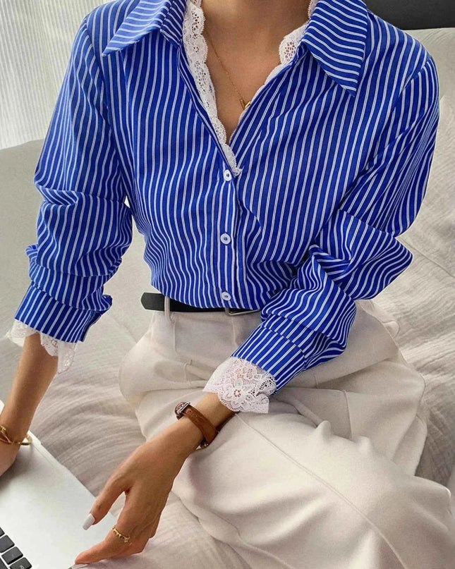 Striped Button - Down Shirt with Lace Detail - Trendsi