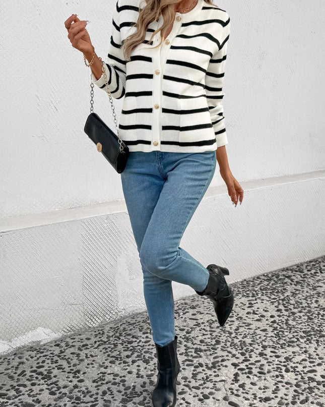 Striped Button - Front Cardigan - Trendsi