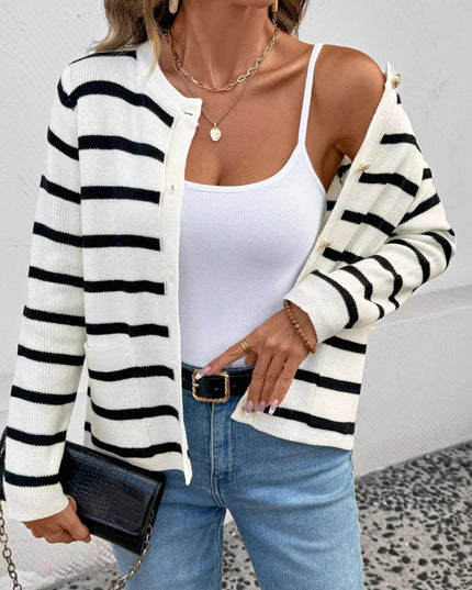 Striped Button - Front Cardigan - Trendsi