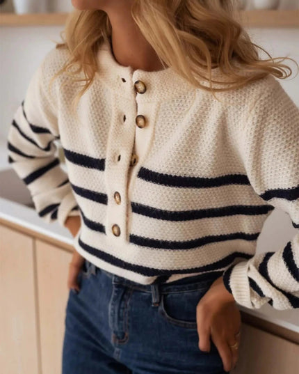 Striped Button - Front Sweater - Trendsi