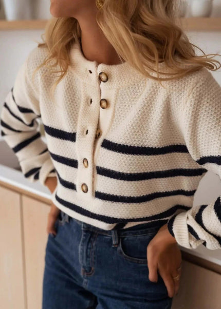 Striped Button - Front Sweater - Trendsi
