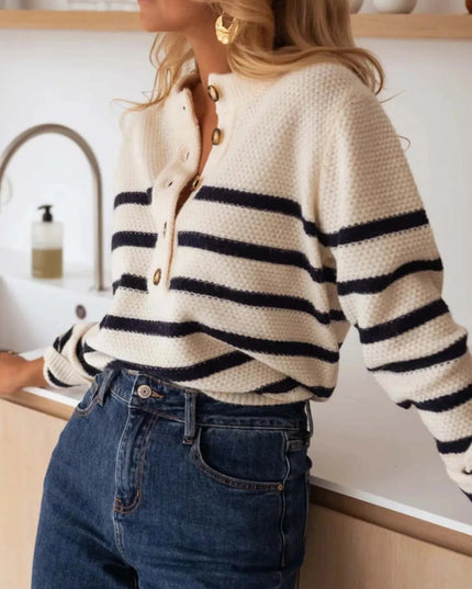 Striped Button - Front Sweater - Trendsi