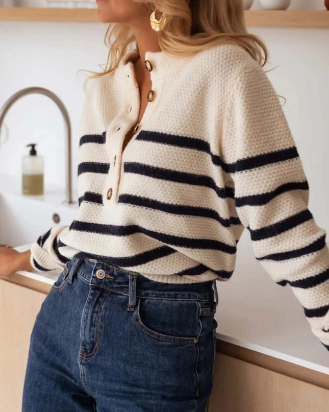 Striped Button - Front Sweater - Trendsi