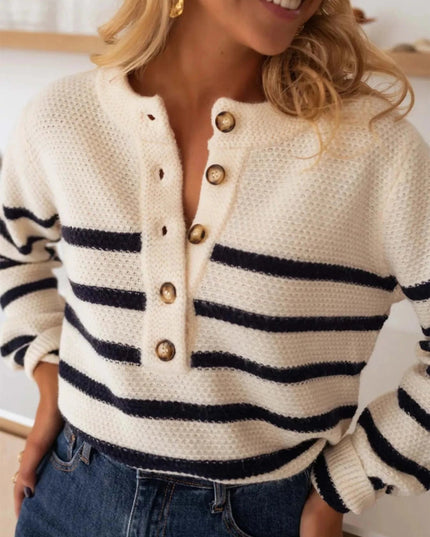Striped Button - Front Sweater - Trendsi