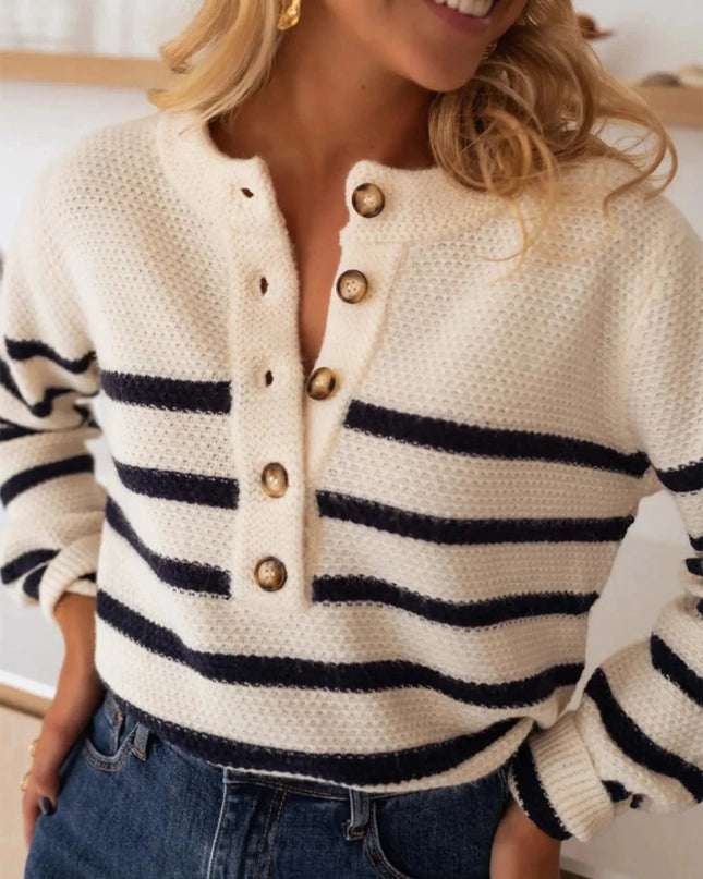 Striped Button - Front Sweater - Trendsi