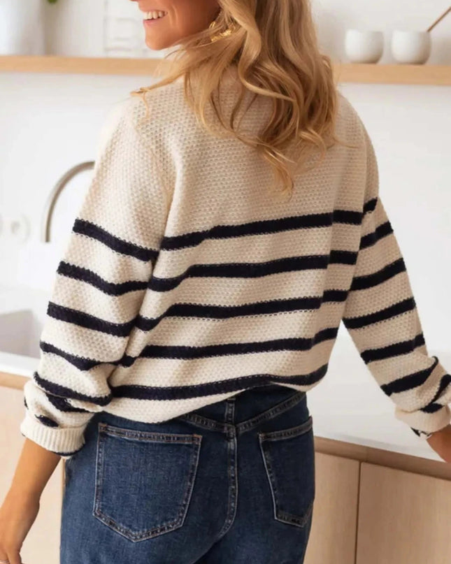 Striped Button - Front Sweater - Trendsi