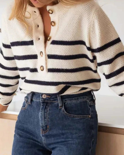 Striped Button - Front Sweater - Trendsi