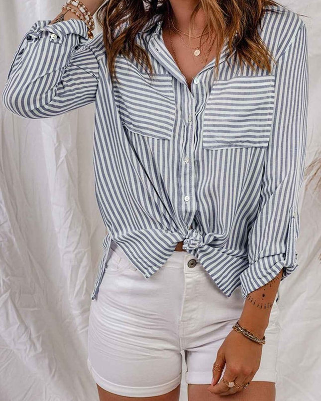 Striped Button - Up Roll - Tab Sleeve Shirt - Trendsi
