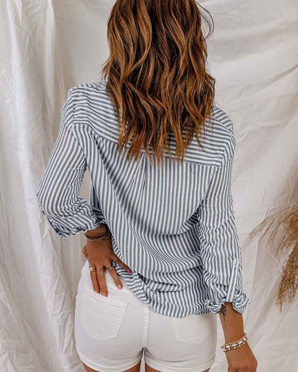 Striped Button - Up Roll - Tab Sleeve Shirt - Trendsi