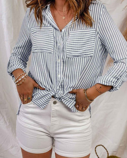 Striped Button - Up Roll - Tab Sleeve Shirt - Trendsi
