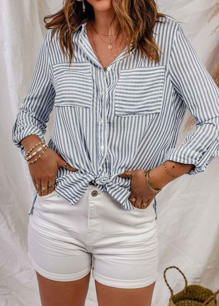 Striped Button - Up Roll - Tab Sleeve Shirt - Trendsi