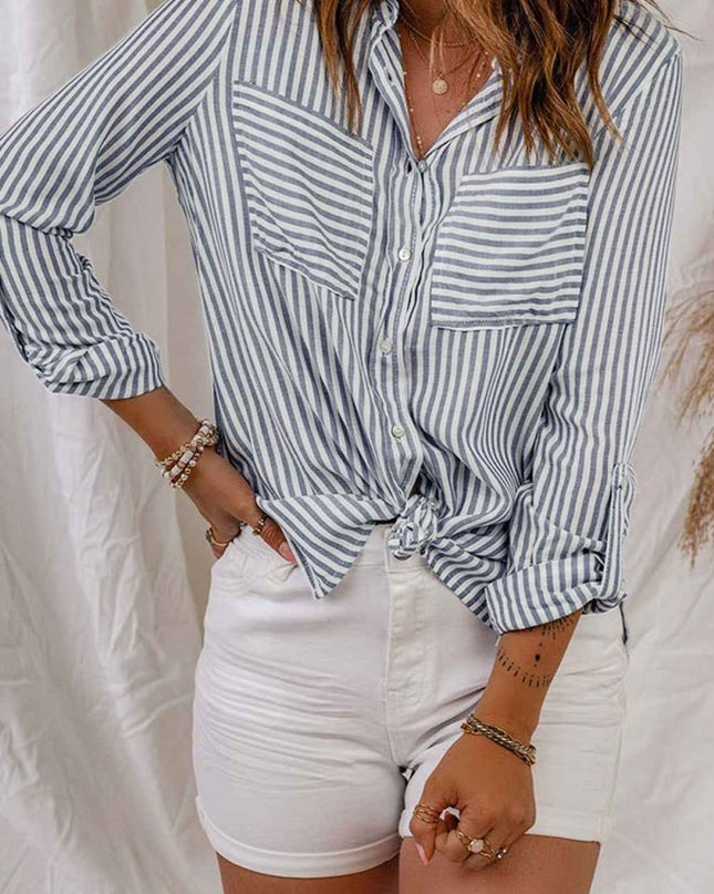 Striped Button - Up Roll - Tab Sleeve Shirt - Trendsi